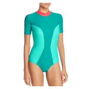 CHROMAT Women's Aqua Color Block SHORT SLEEVE BACK ZIP One Piece Swimsuit S